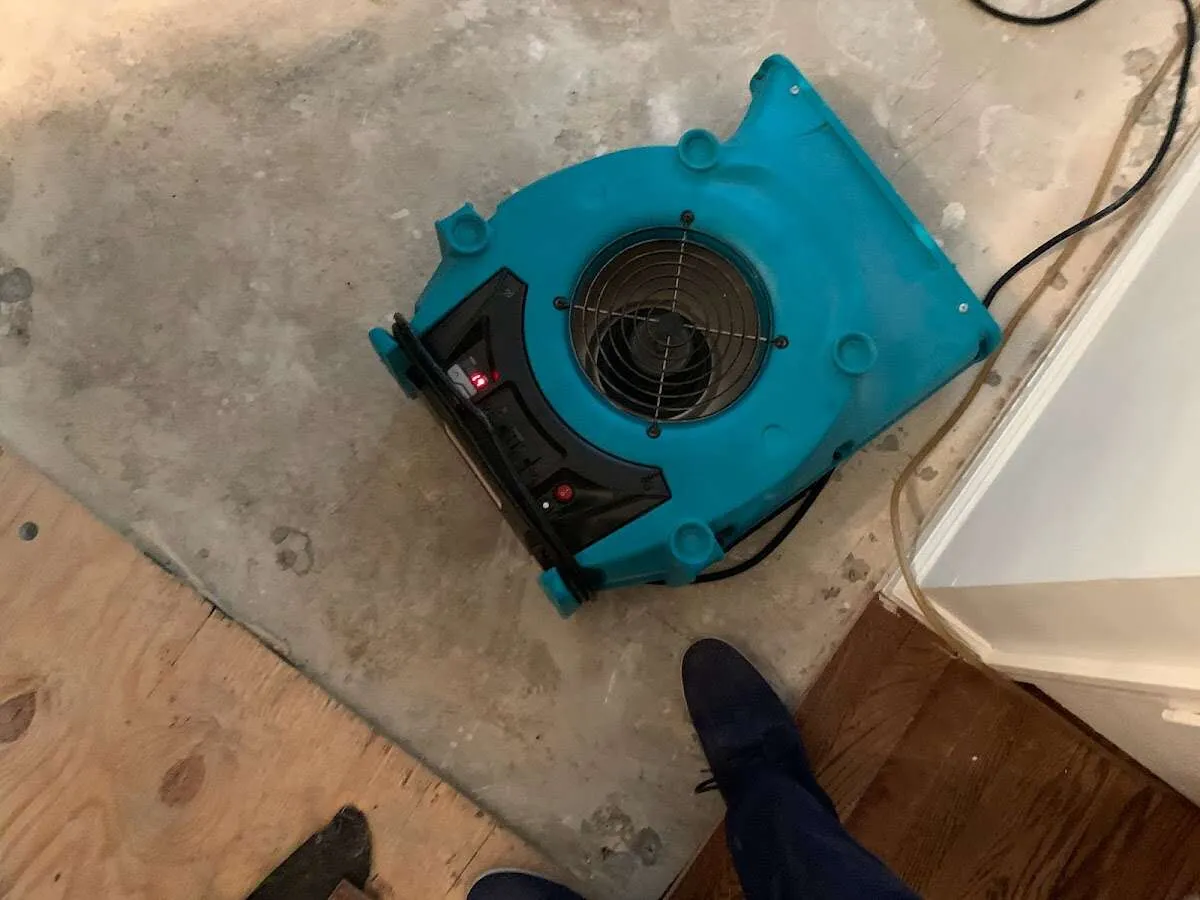 Air mover drying subfloor during Leak Detection & Repair in Doney Park